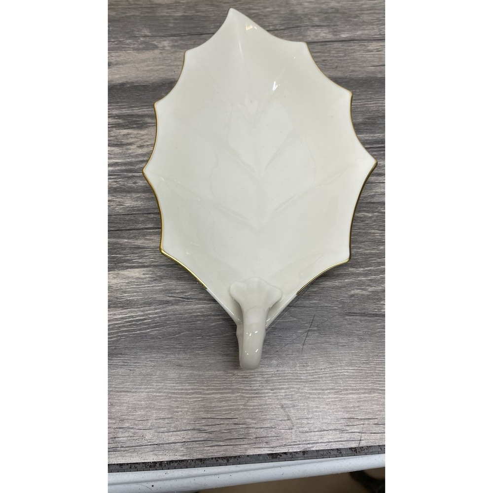 Lenox Special Leaf Handle‎ Dish 9.5" Cream Porcelain 24K Gold Trim USA Vtg Tray